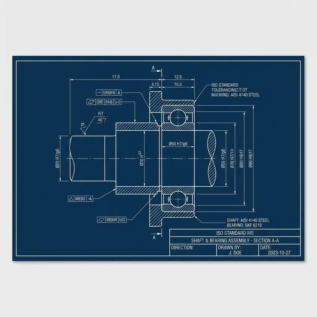 Plano técnico estilo blueprint de ajuste eje-rodamiento con tolerancias ISO